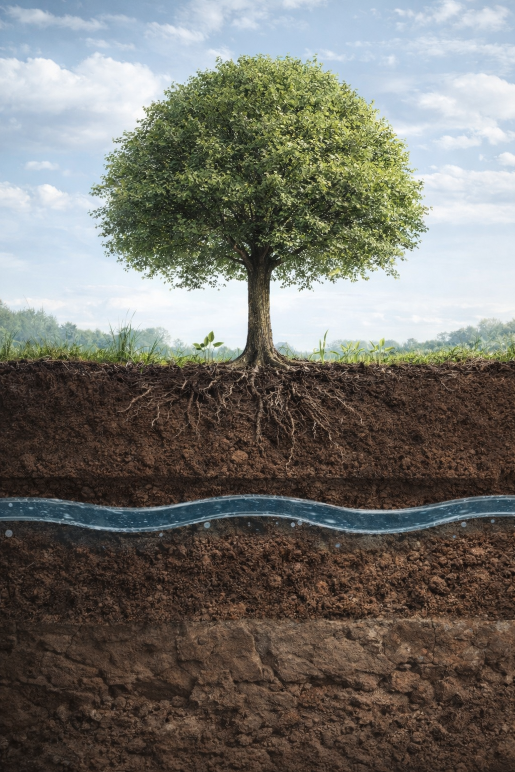 Przekrój terenu — drzewo, system korzeniowy, warstwy gleby i woda gruntowa